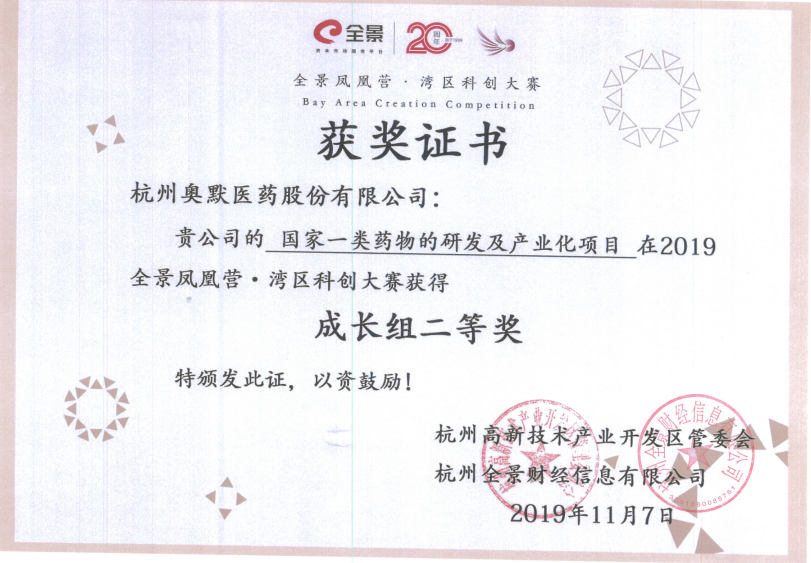 國家一類藥物藥物研發及產業化項目 成長組二等獎